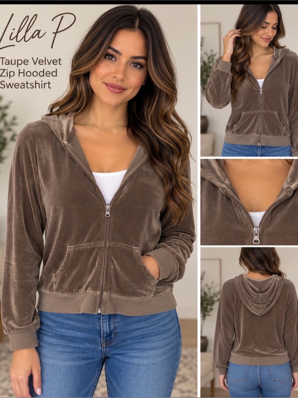 Nicely used: Taupe Velvet Zip Hooded Sweatshirt PTP: 18 Length: 21